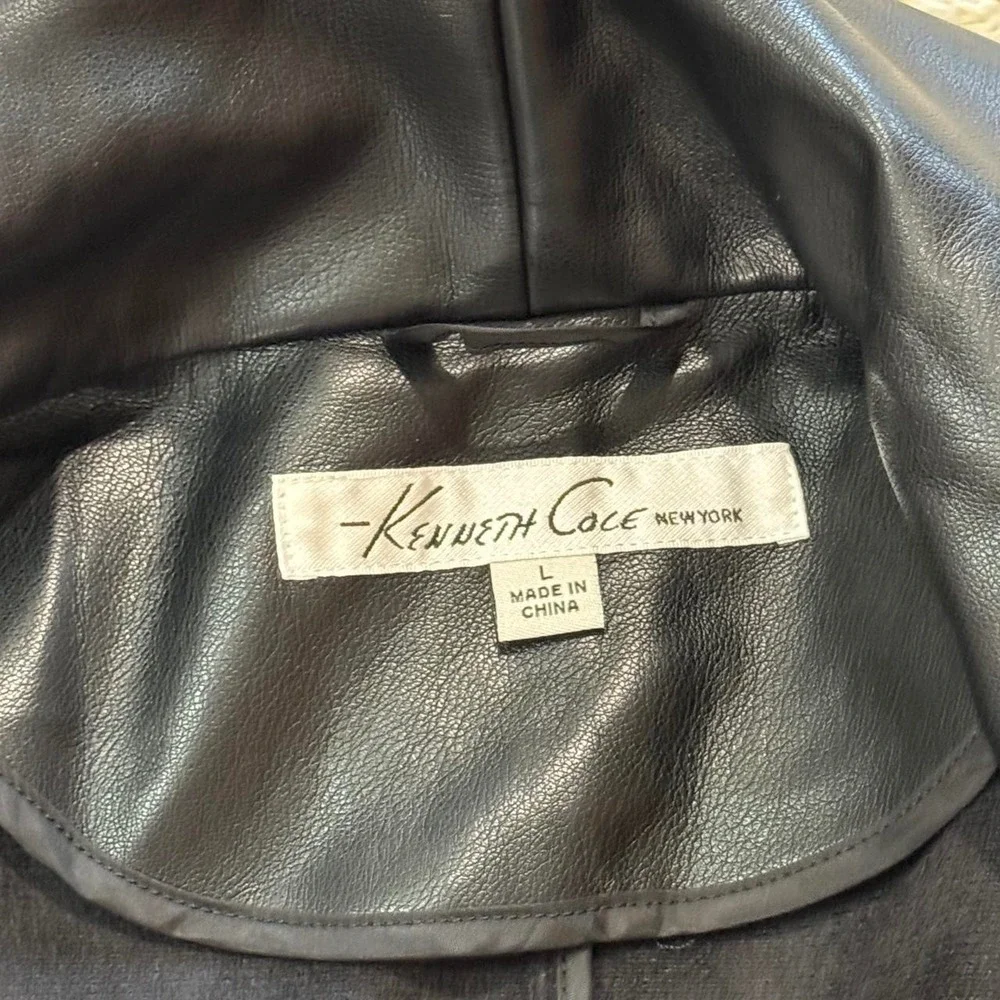 Kenneth Cole Trench Coat Black Faux Leather Tie Belted Women's Size Large